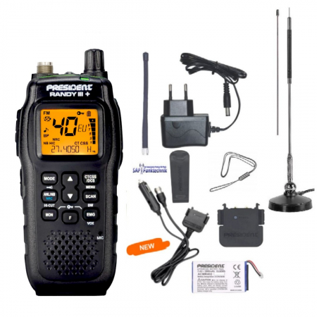 President Randy III Plus SET,ASC,NRC,PC,AM/FM CB-Handfunkgerät inkl. MAG Star 27 Magnetantenne 63 cm Lang TOP!