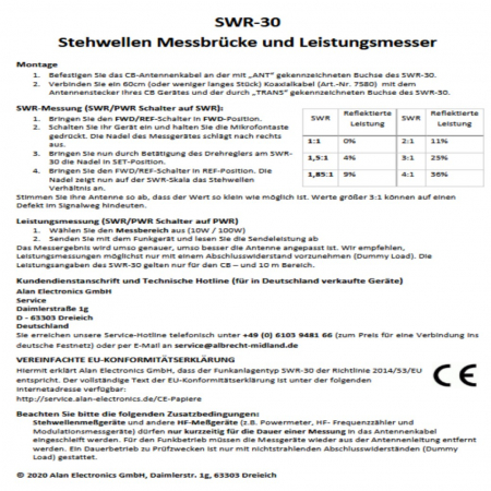 Preview: SWR-30, SWR/Power-Meter inkl. PL-Kabelbrücke