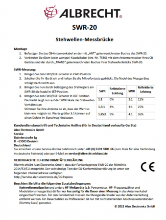 Preview: SWR-20, Stehwellenmessgerät inkl. Kabelbrücke
