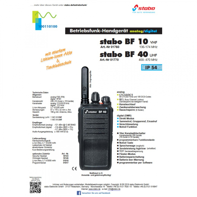 Stabo-BF-40-UHF, 400-470 MHz. 3 Watt
