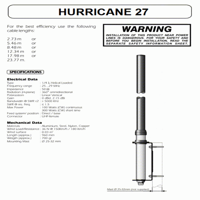 Hurricane 27, CB-Balkonantenne, 100 cm