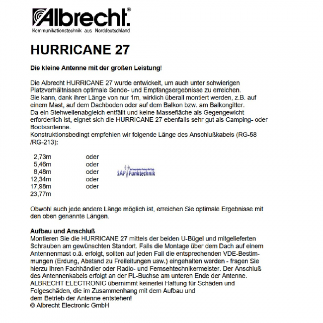 Hurricane 27, CB-Balkonantenne, 100 cm
