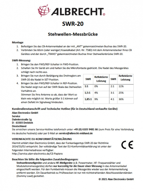 SWR-20, Stehwellenmessgerät inkl. Kabelbrücke