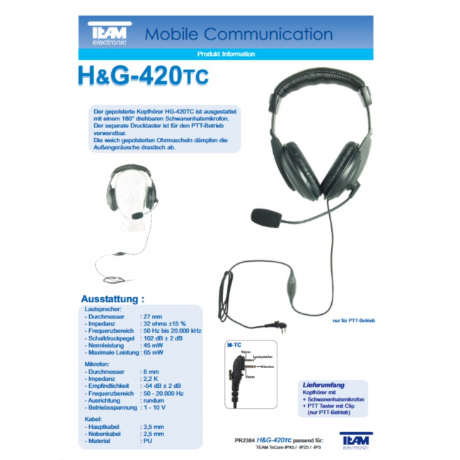 Team H&G-420TC, professioneller Kopfhörer mit flexiblem Rüsselmikrofon