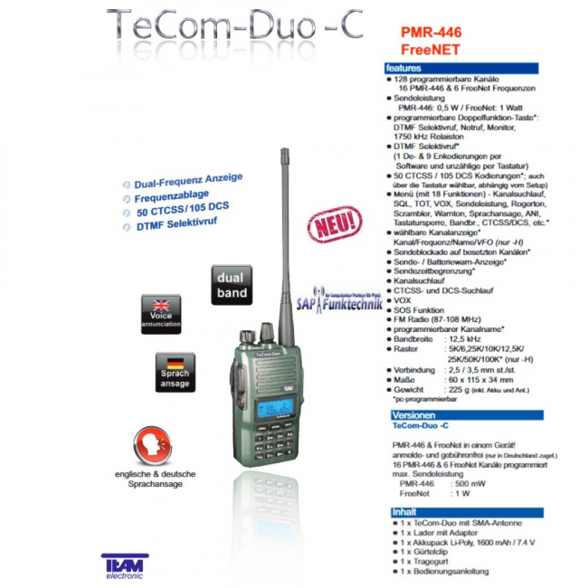 TEAM TeCom-Duo-C, PMR / NEU FreeNet mit 1 Watt-Dual Band Funkgerät