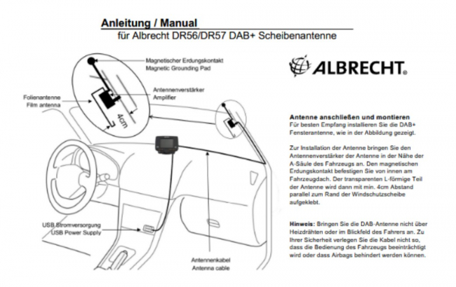 Aktive DAB+ Scheiben-Folienantenne SMB DR54 / DR56 / DR56+ / DR57