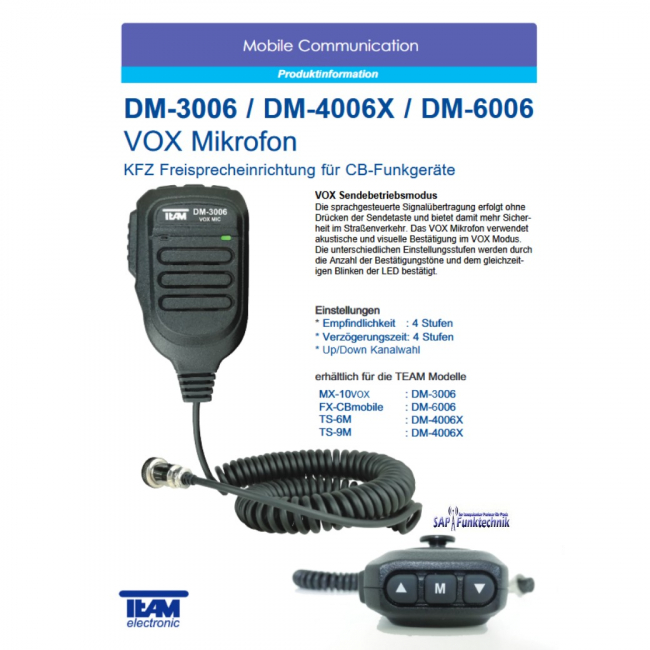 TEAM DM-4006x VOX Elektret Mikrofon mit Up/Down-Taste, nach GDCH Standard für CB Funkgeräte